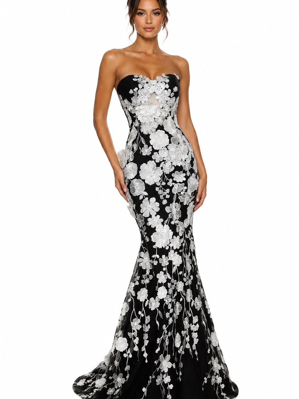 NWOT ELLIATT Selene Sample Gown in Black & White Floral Embroidered Mermaid Sz 2